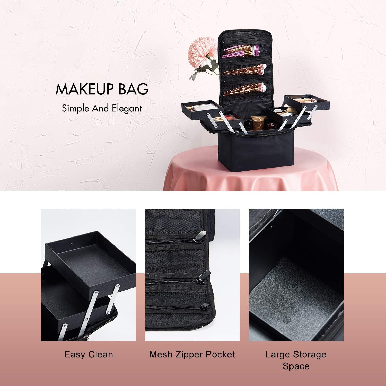 Large Beauty Makeup Nail Art Cosmetics Box Vanity Case Jewellery Storage Holder with Carry Strap Nylon Fabric Black