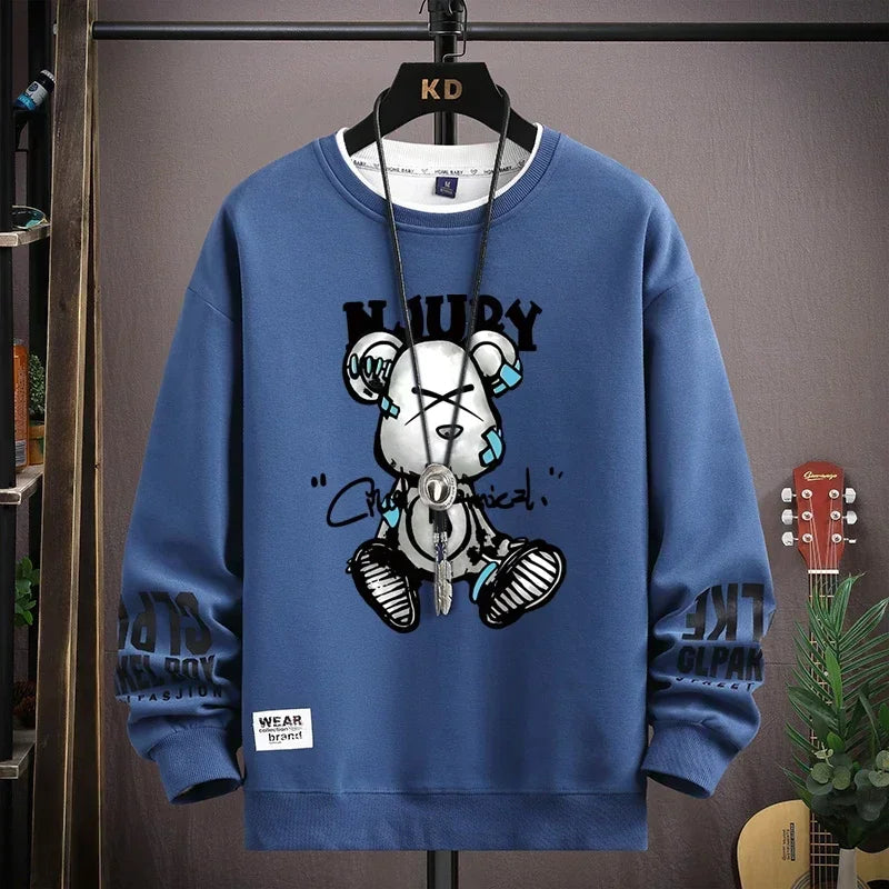 Autumn Men's Sweatshirt Cool Bear Print Long Sleeve T-shirt Fashion Men's Clothing Khaki O Neck Harajuku Exclusive Design Top