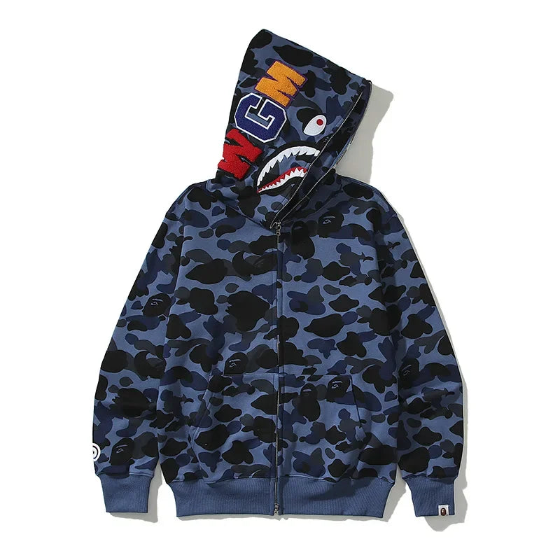 AAPE BY A BATHING APE Classic Camouflage Shark Autumn Hoodie Men High-quality Youth Zipper Cotton Jacket Fashion Costume Couple