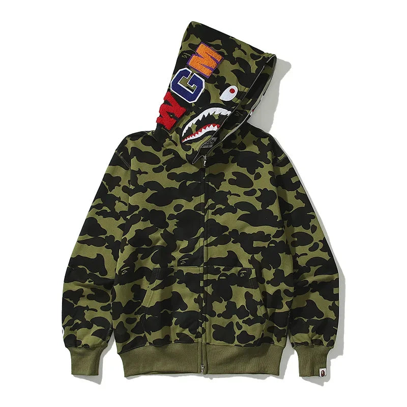 AAPE BY A BATHING APE Classic Camouflage Shark Autumn Hoodie Men High-quality Youth Zipper Cotton Jacket Fashion Costume Couple